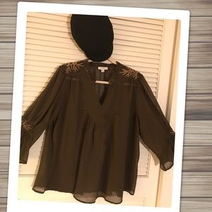 Pretty Sheer Velvet Embroidered Accent Blouse!